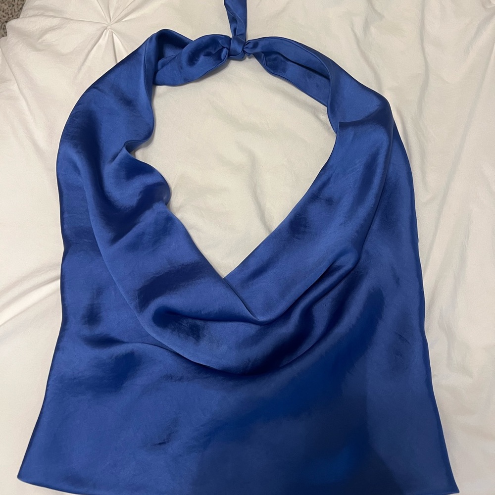 Blue Satin cowl neck tie top